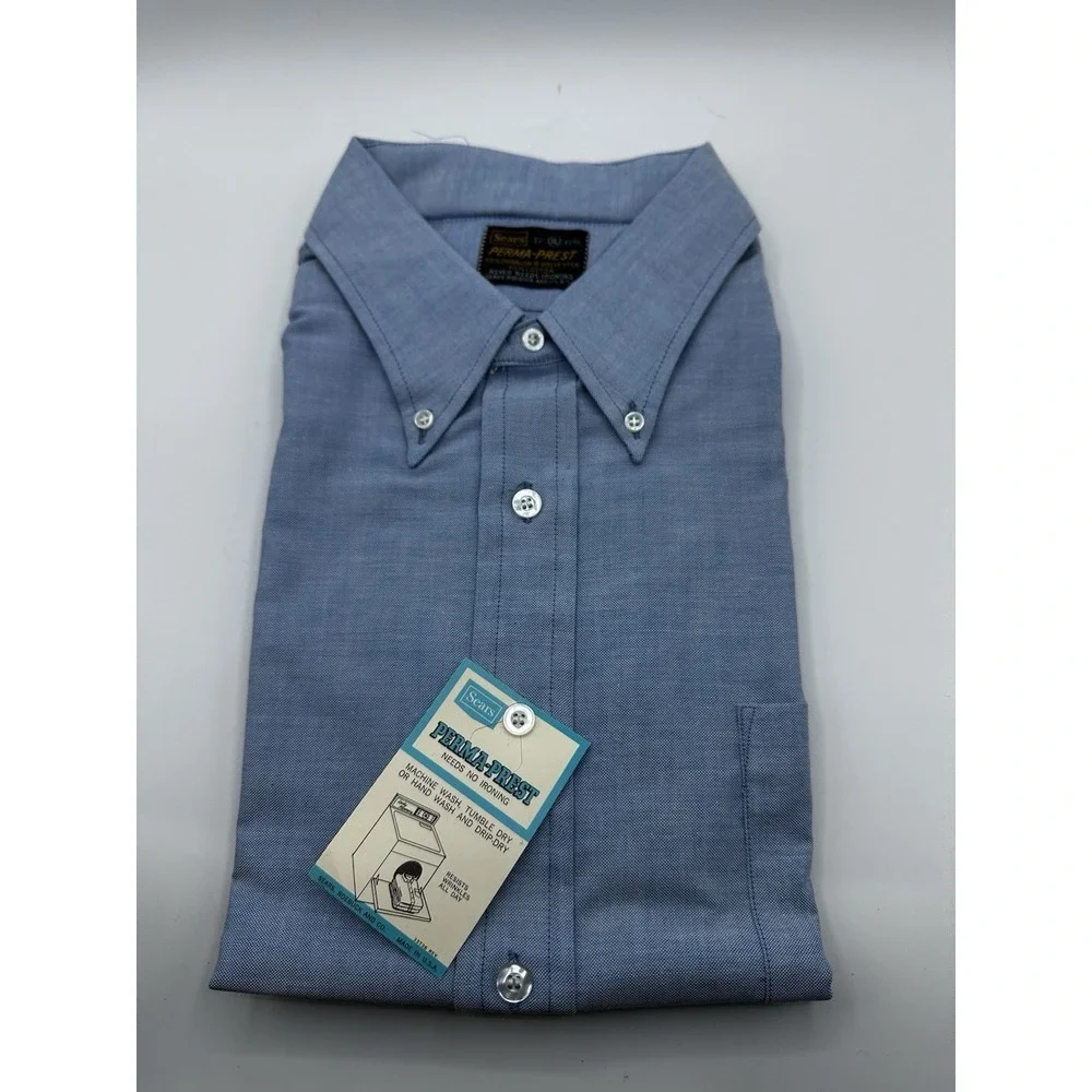 VTG 1970s Sears Perma-Prest Light Blue Oxford Dress Shirt XL 17-17.5 USA